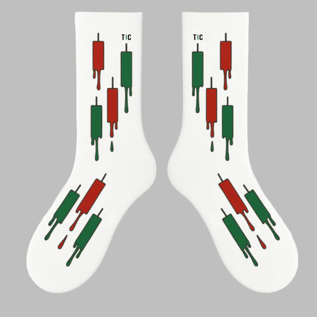 White trading socks with red green candle chart design